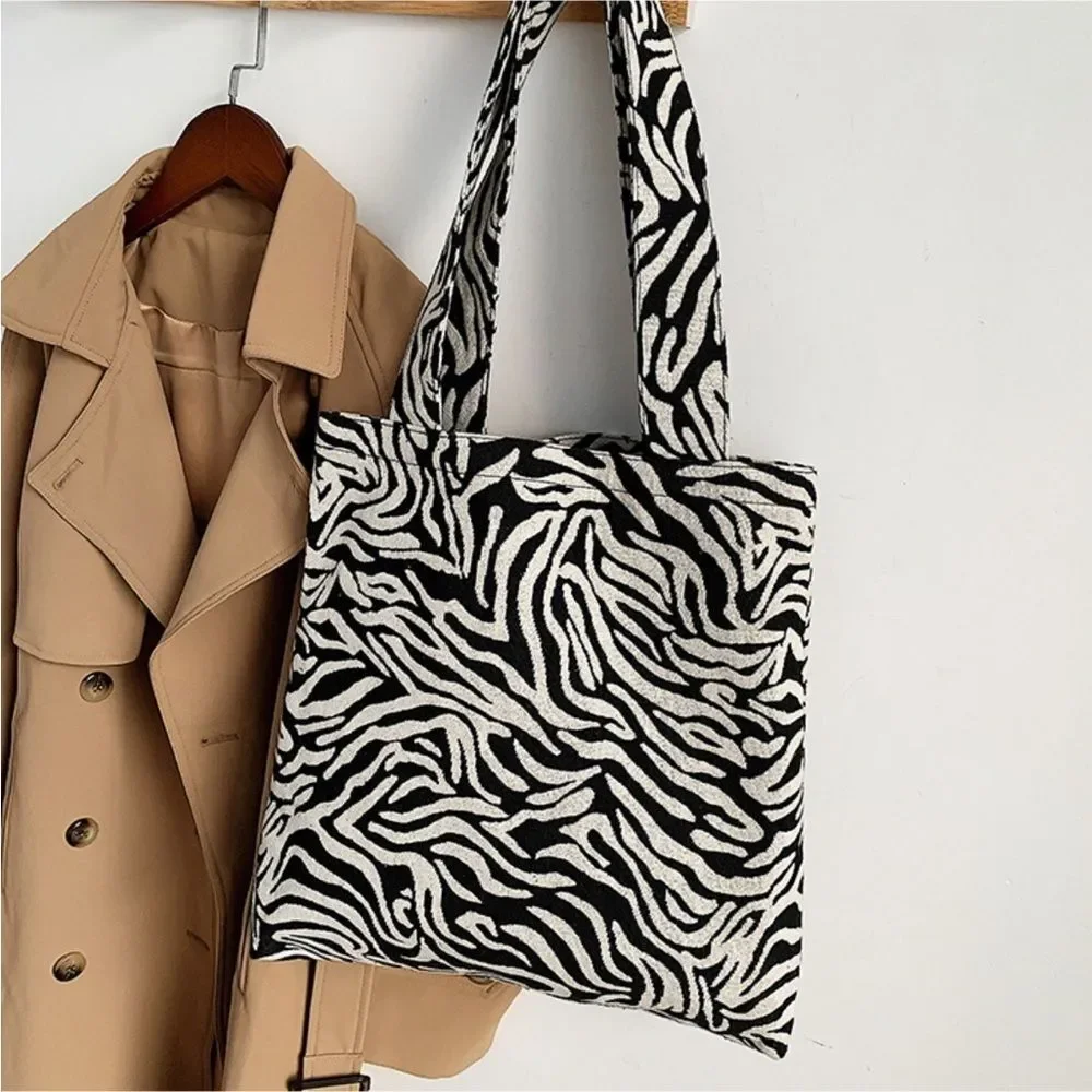 Large Zebra Tote Bag Black White Commuter Travel Minimalist Chic Fabric